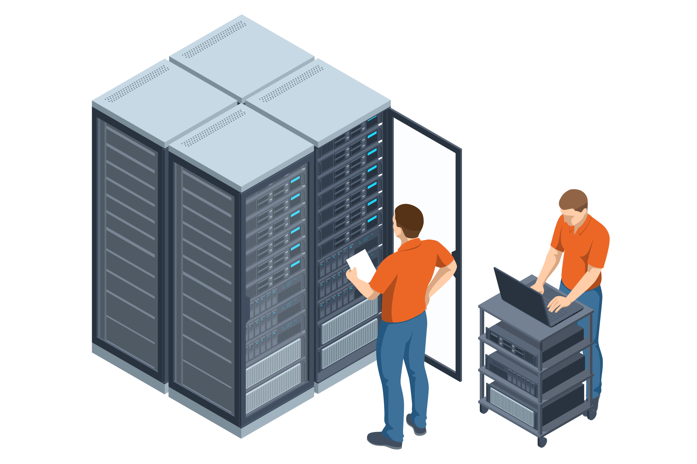 Symbolbild: IT-Systemhaus. Zwei Männer arbeiten an einem Serverschrank. 2400x1600