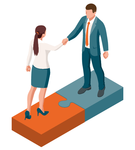 Symbolbild: Step Ahead Partner. Personen stehen auf Puzzleteilen und reichen einander die Hand. 450x500